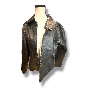 Women’s Large Oscar Piel Vintage Black Leather Jacket Corset Laced Seams